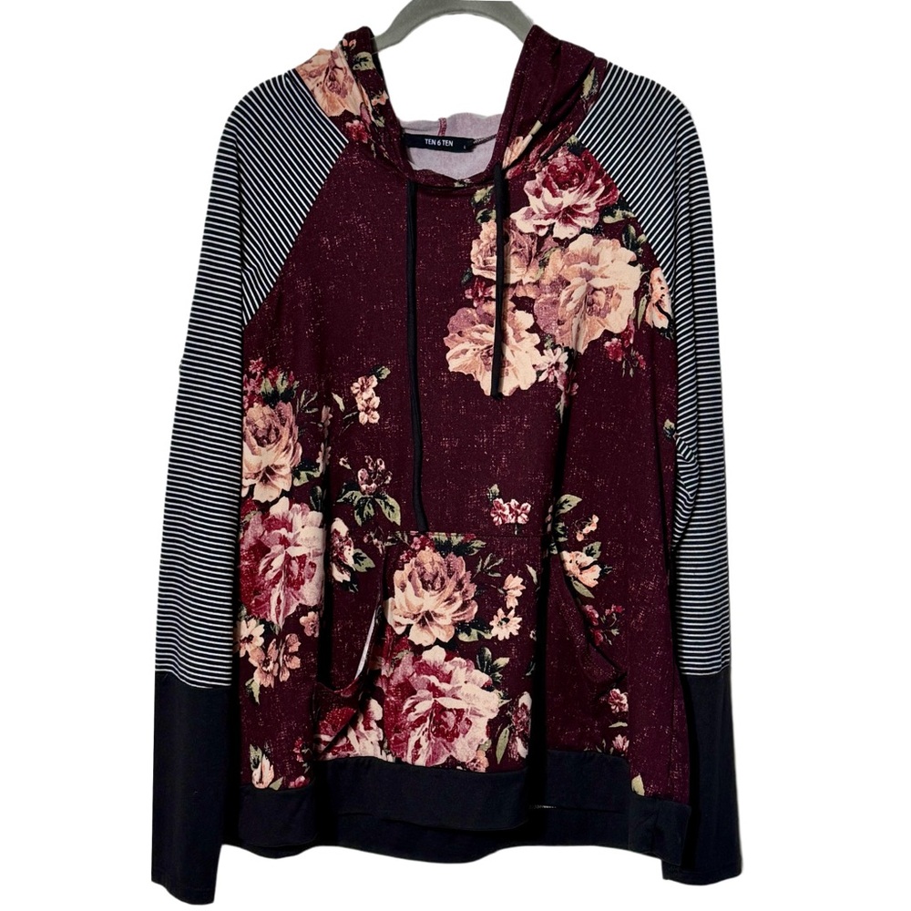 Ten 6 Ten Mixed Media Floral Burgundy Striped Lightweight Hoodie Sz Large